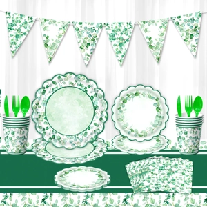 Ensemble de Vaisselle de Fête Thème Feuille d'Eucalyptus Assiettes en Papier Jetables Gobelets Serviettes Nappe Bannière pour Mariage