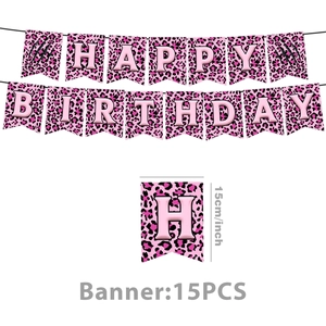 Pink leopard print happy birthday banner party decorations 15pcs set 15cm height