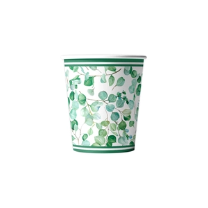 Gobelets jetables blancs avec feuilles d'eucalyptus aquarelle et rayures vertes élégant