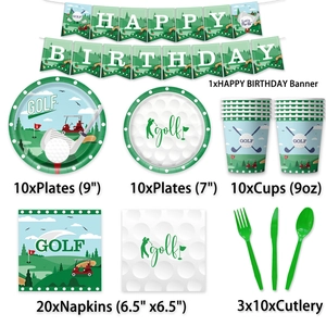 Detailed set of golf themed birthday party tableware with plates cups napkins and banner
