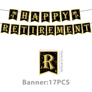 Details zum schwarz-goldenen Happy Retirement Banner-Set mit Glitzereffekt und Maßen