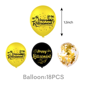 Detailansicht der 18 schwarzen und goldenen Ruhestandsballons mit 12-Zoll-Partygröße