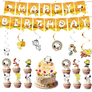 Detailed set of Snoopy birthday party banners, cake toppers and hanging swirls decor