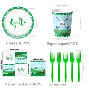 Detailed set of golf theme birthday party plates, cups, napkins and green forks