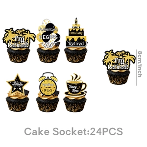 Detail von 24 Stück schwarz-goldenen Glitzer-Ruhestand-Kuchensteckern mit Motiven