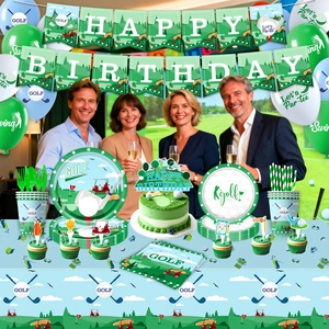 Golf themed birthday party decorations set with banner, balloons, and tableware