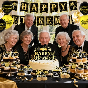 Deko-Set für den Ruhestand in Schwarz und Gold mit Girlande und Luftballons