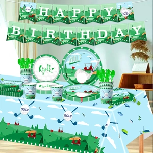 Detailed set of golf themed birthday party supplies including plates and banner