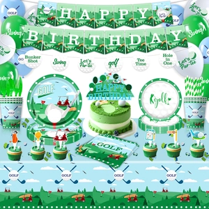 Golf theme birthday party decoration set with green banners balloons and tableware