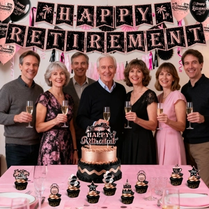 Rose gold retirement party scene with Happy Retirement banner and cake toppers