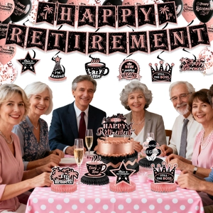 Rose gold retirement party decoration set with happy retirement banner and table centerpiece