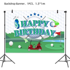 Detail of golf birthday backdrop banner measuring 1.5x1m with club and cart graphics