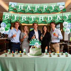 Golf theme birthday party set with banner, balloons, and cake toppers in green and white