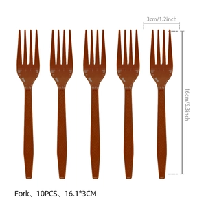 Brown disposable 10pcs fork set with diamond texture handle and 16.1cm length detail