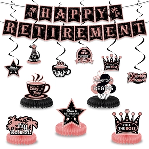 Rose gold Happy Retirement party set with glitter banner and hanging decorations
