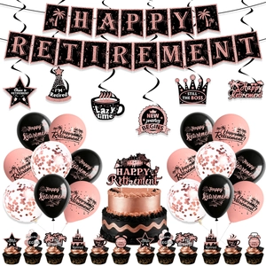 Detailed set of rose gold retirement party decorations with banner, balloons, and cake toppers