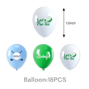 Set of 18 latex golf party balloons with Let's Par-tee, Swing and Golf patterns