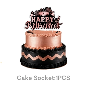 Rose gold and black Happy Retirement cake topper on a two-tier cake for party decor