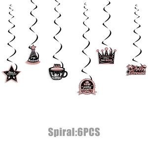 Detail view of 6-piece rose gold glitter retirement party hanging swirls decoration