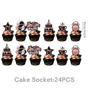 Detailed view of 24pcs rose gold retirement cake toppers with varied party icons