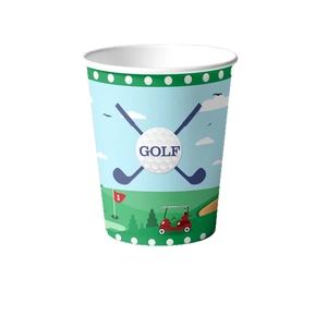 Golf themed birthday party disposable paper cups with golf ball and cart illustrations