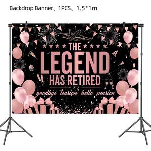 Detail of The Legend Has Retired backdrop banner in rose gold and black 1.5x1m