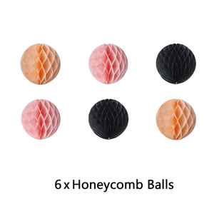 Set of six rose gold retirement party honeycomb paper balls in orange, pink, and black