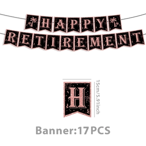 Detail of rose gold glitter Happy Retirement banner with dimensions and 17 pieces set