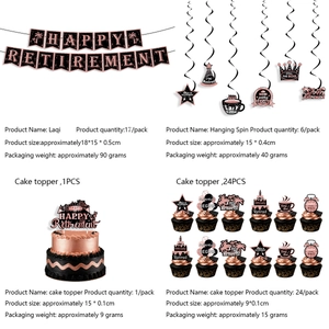 Rose gold retirement party set featuring banners, hanging swirls, and cake toppers dimensions