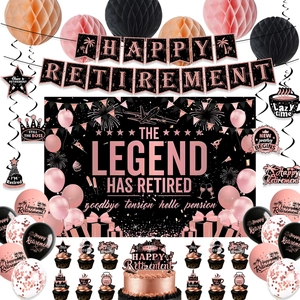 Rose gold retirement party set with Happy Retirement banner and cake toppers