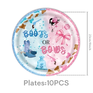 Détail des assiettes de fête Gender Reveal de 23cm avec motifs de bottes et de nœuds