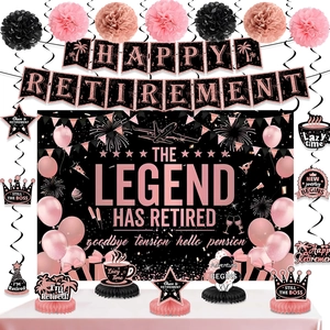 Rose gold retirement party set with Happy Retirement banner and table centerpieces
