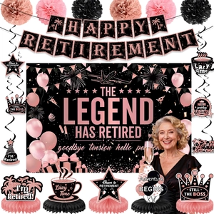 Detailed set of rose gold and black retirement party decorations with banner and honeycomb
