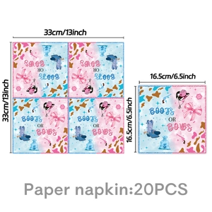 Détail de serviettes en papier pour révélation de genre avec motifs bottes et nœuds