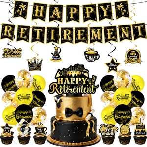 Set de decoración de jubilación en negro y dorado con pancarta, globos y adornos de tarta