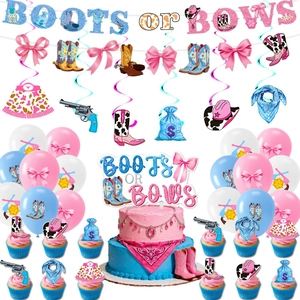 Détails du kit fête Gender Reveal Boots or Bows avec bannières et ballons thème denim