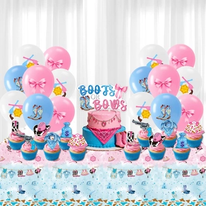 Set de fête Gender Reveal Boots or Bows avec ballons, toppers et nappe de table