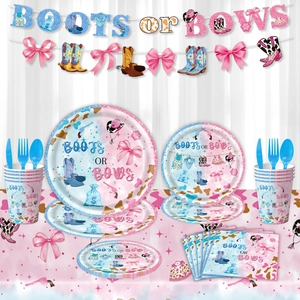 Kit de fête Gender Reveal avec assiettes en papier gobelets et bannières Boots or Bows