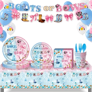 Détail du set de vaisselle de fête 'Boots or Bows' avec bottes et nœuds pour bébé