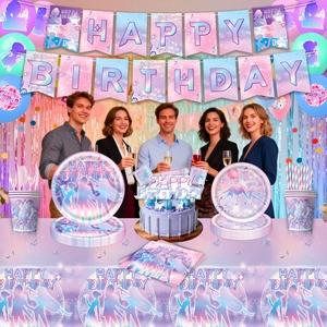 Kit décoration anniversaire thème Kpop avec bannières et vaisselle en dégradé violet
