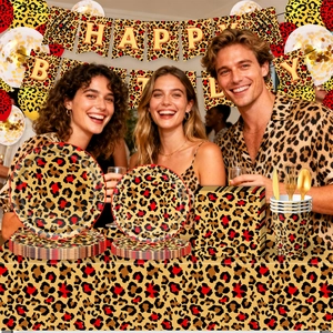 Betty leopard print birthday party tableware set with banner plates cups and balloons