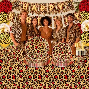 Red leopard print birthday party tableware set with Happy Birthday banner and plates