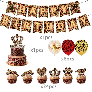 Red leopard print birthday party set with banners, cake toppers and assorted balloons