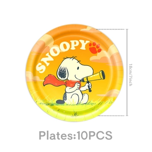 Set of 10 yellow Snoopy themed birthday party paper plates 18cm 7 inch diameter