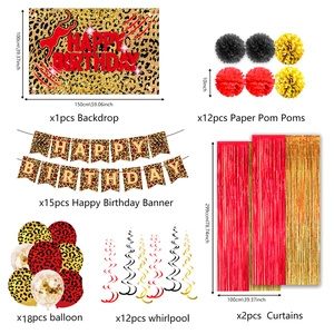 Detailed set of red leopard party decorations with banners and foil fringe curtains