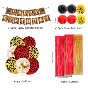 Detailed party set including leopard print banner, balloons, paper flowers and foil curtains