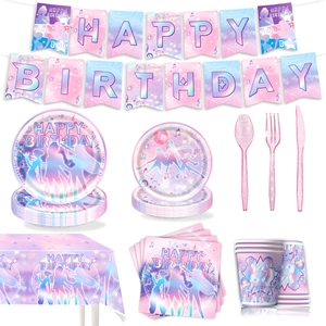 Set de vaisselle d'anniversaire thème musique rose et violet avec paillettes et notes musicales