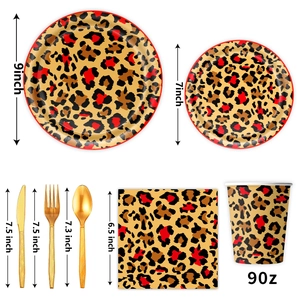 Red leopard print party tableware set with detailed dimensions for plates and cutlery