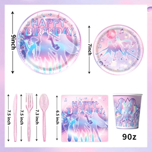 Set de vaisselle de fête disco rose avec assiettes, gobelets, serviettes et couverts