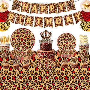 Red Leopard Print Birthday Party Set Paper Plates Cups Napkins Tablecloth Banner Balloons Golden Cutlery Backdrop Decor